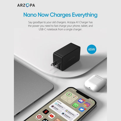 CARGADOR ARZOPA USB-C 65W CON 3 PUERTOS PARA LAPTOP | MONITOR PORTATIL | CELULAR