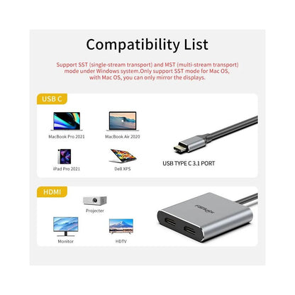 ADAPTADOR VIDEO USB C A HDMI 2 SALIDAS HDMI PC MAC IPAD