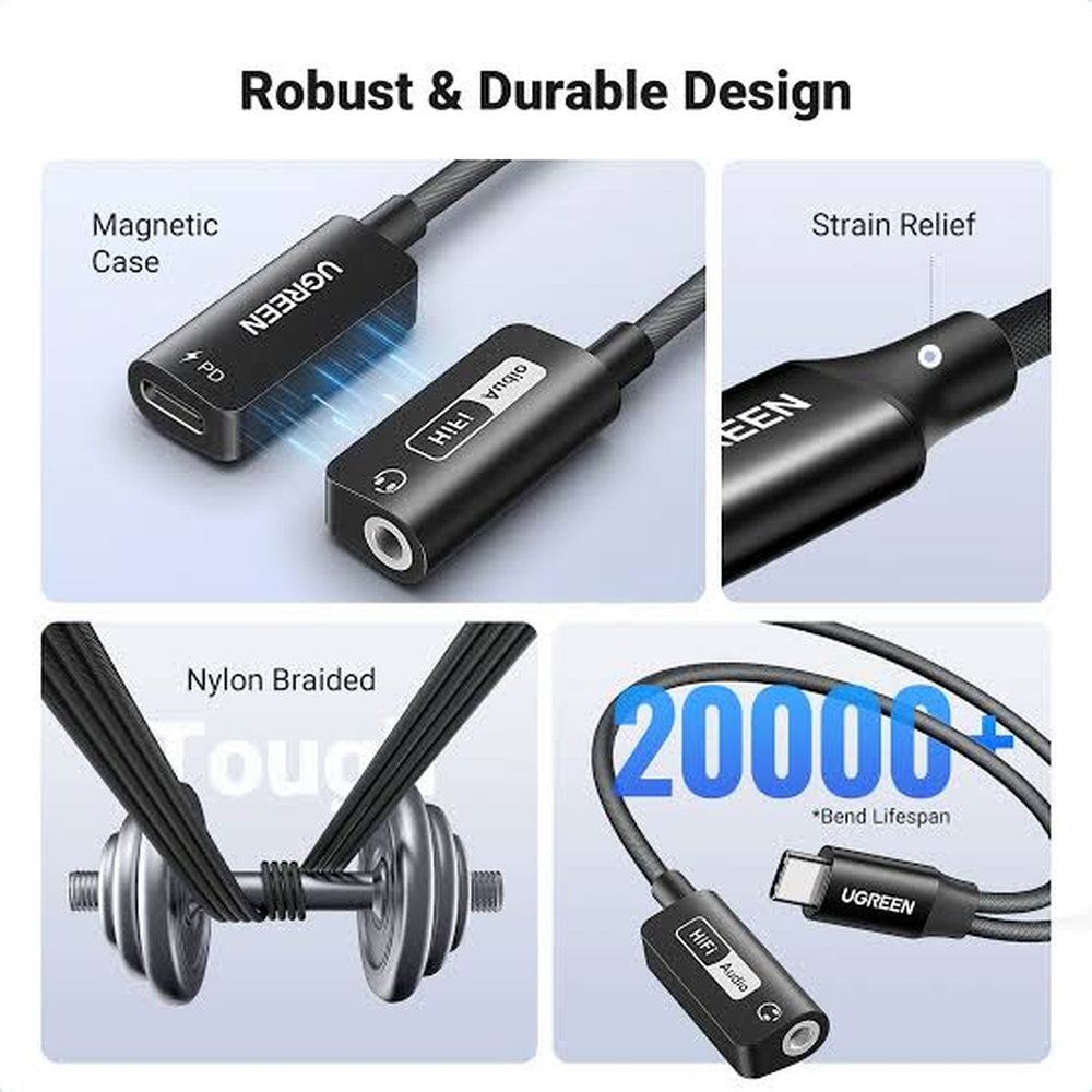Adaptador de audio Ugreen usb C a 3.5mm y usb C Cable USB C a AUXILIAR tipo C y AUXILIAR de 3,5mm, Chip DAC HI-FI CM721 25837 ADAPTADOR PARA AURICULARES 32 BITS