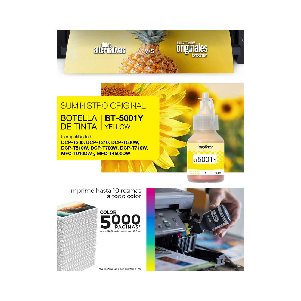 Botella de Tinta BROTHER bt5001y bt5001 5001 5001Y AMARILLO AMARILLA OEM SIN CAJA T220 T300 T310 T420W T500w T510W T520W T700w T710W T720DW T800w T810W T820DW T910DW T920DW T4500DW