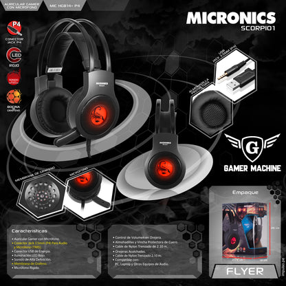 AUDIFONOS GAMING  MICRONICS SCORPIO 1 - MIC HG814+P4 USB JACK 3.5