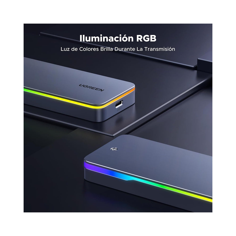 ENCLOSURE UGREEN ADAPTADOR M2 NVME / SATA 2230 2242 2260 2280 M KEY 20GBPS USB-C BORDES RGB (CM777 25665)