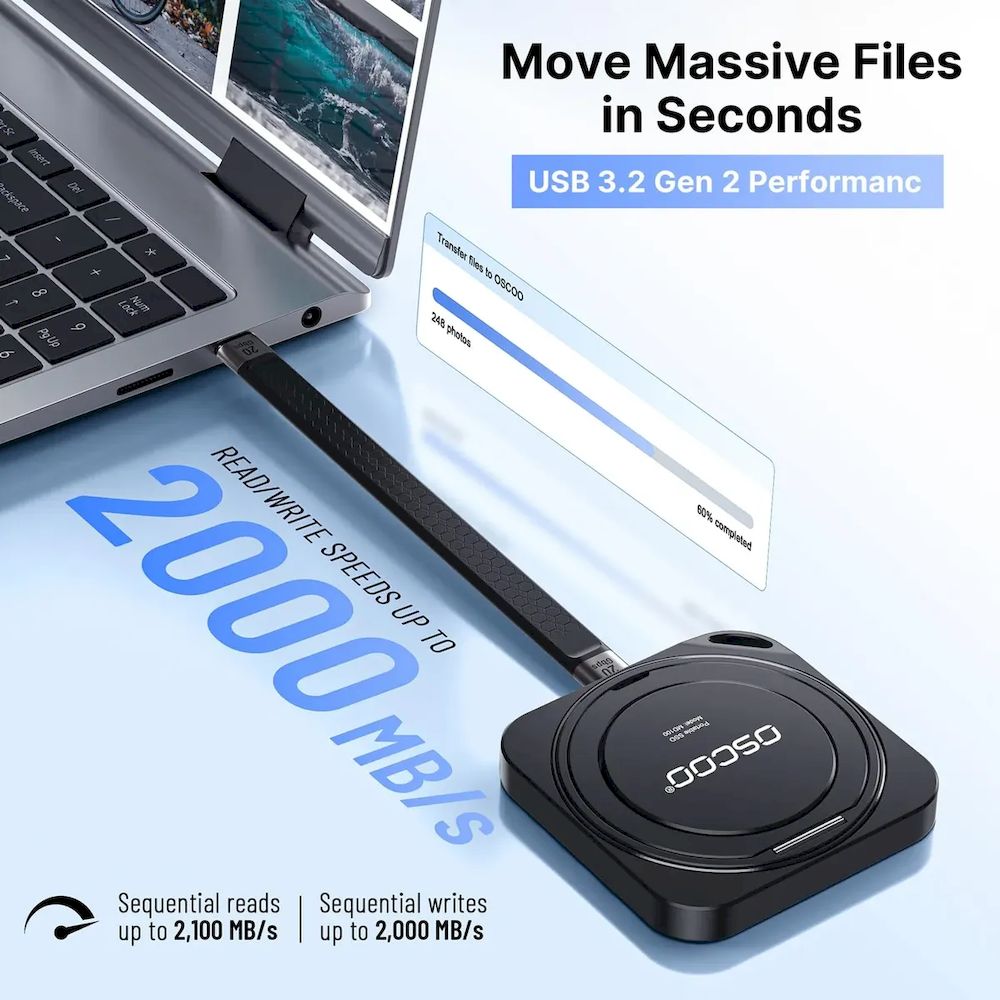 DISCO SSD PORTATIL EXTERNO OSCOO MD100 1TB 20gbps 2100mb/s TIPO-C CON SOPORTE 360° MAGNETICO CELULAR SMARTPHONE IPHONE