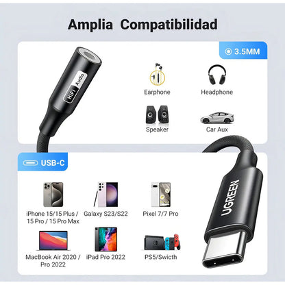 ADAPTADOR DE AUDIO UGREEN USB-C A 3.5mm JACK. ALTA RESOLUCIÓN