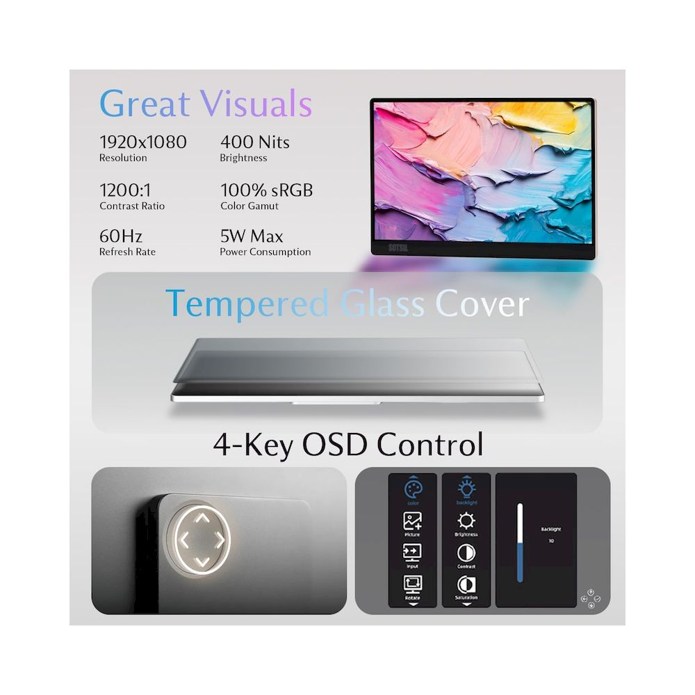 MONITOR PORTATIL SOTSU 14' FLIPACTION GO FULL HD IPS MULTI DEVICE RESISTENTE Y LIGERO VIDRIO TEMPLADO