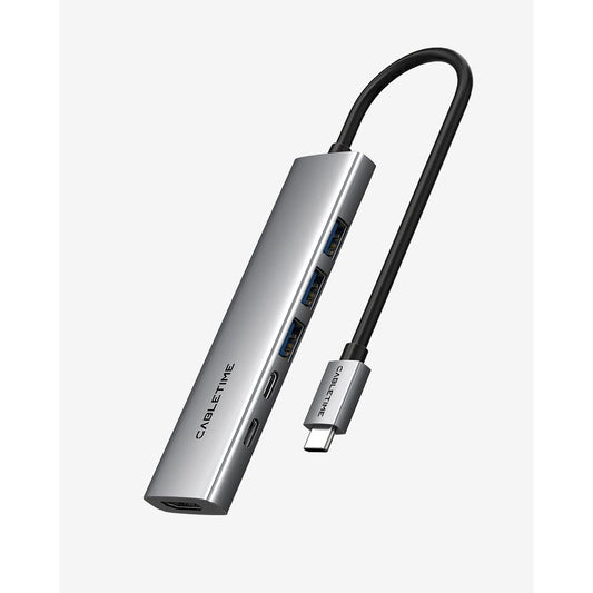 Adaptador CABLETIME HB01G 6 en 1 con HDMI 4k 30H1z, 3xUSB, USB-C, PD (CT-HBP1-AG6)