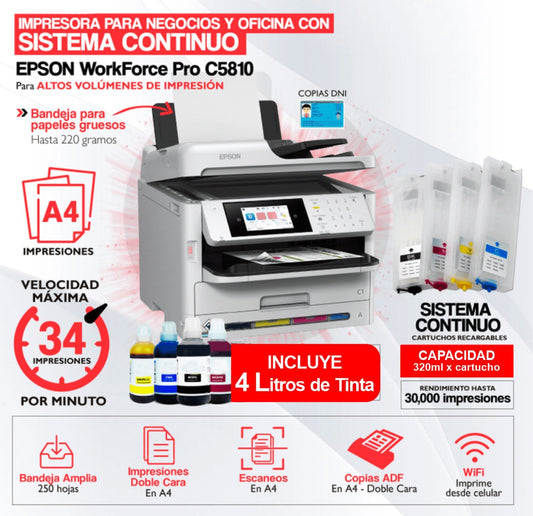 Impresora Epson WorkForce WF-C5810 MULTIFUNCIONAL EPSON C5810 + CARTUCHOS RECARGABLES A4 ADF DUPLEX