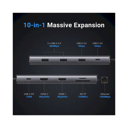 Adaptador UGREEN 10 en 1 - 4k HDMI 8K MAXIMA RESOLUCION USB HUB CM639